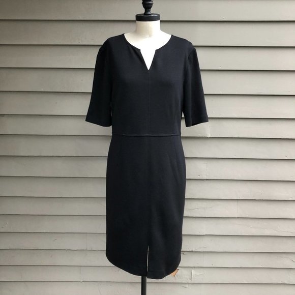 ST. JOHN Caviar Milano Knit Front Slit Split Neck Midi Length Black Sheath Dress - Picture 13 of 16